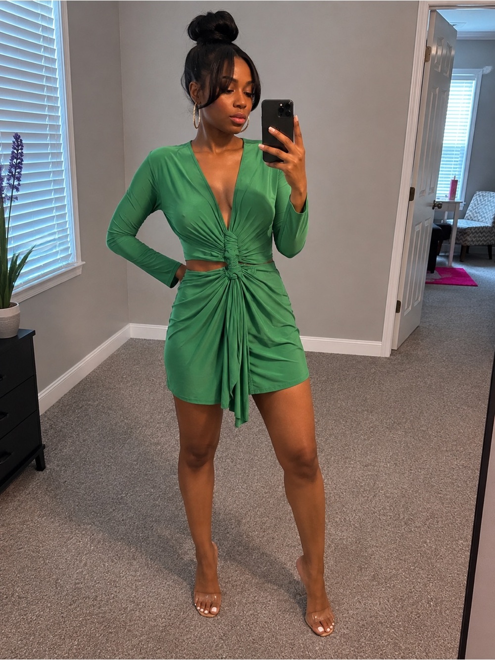 Haute Monde Emerald Green Ruched Knot Front Mini Dress